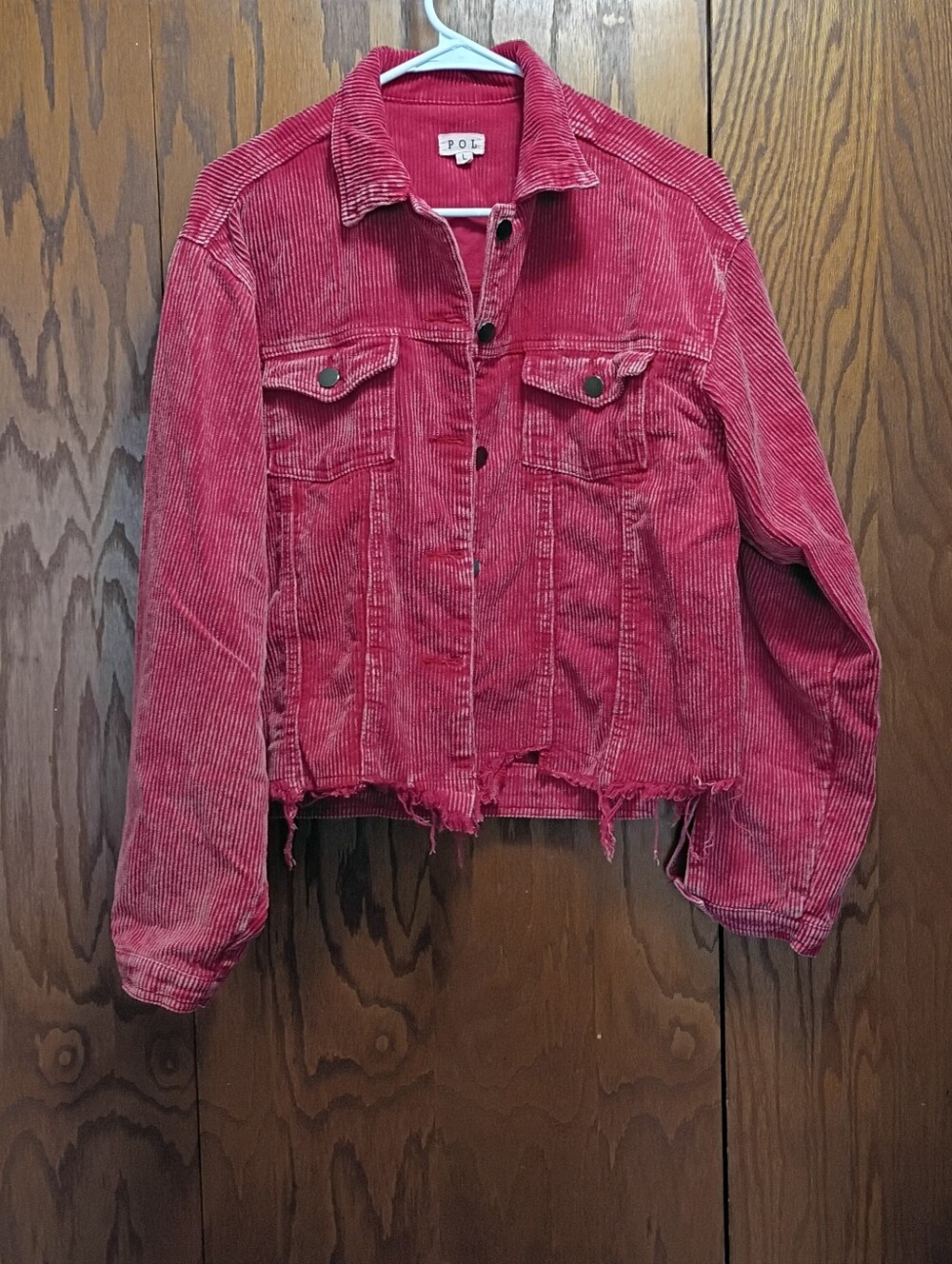 POL Pink Red Corduroy Distressed Cropped Jacket Size Large.